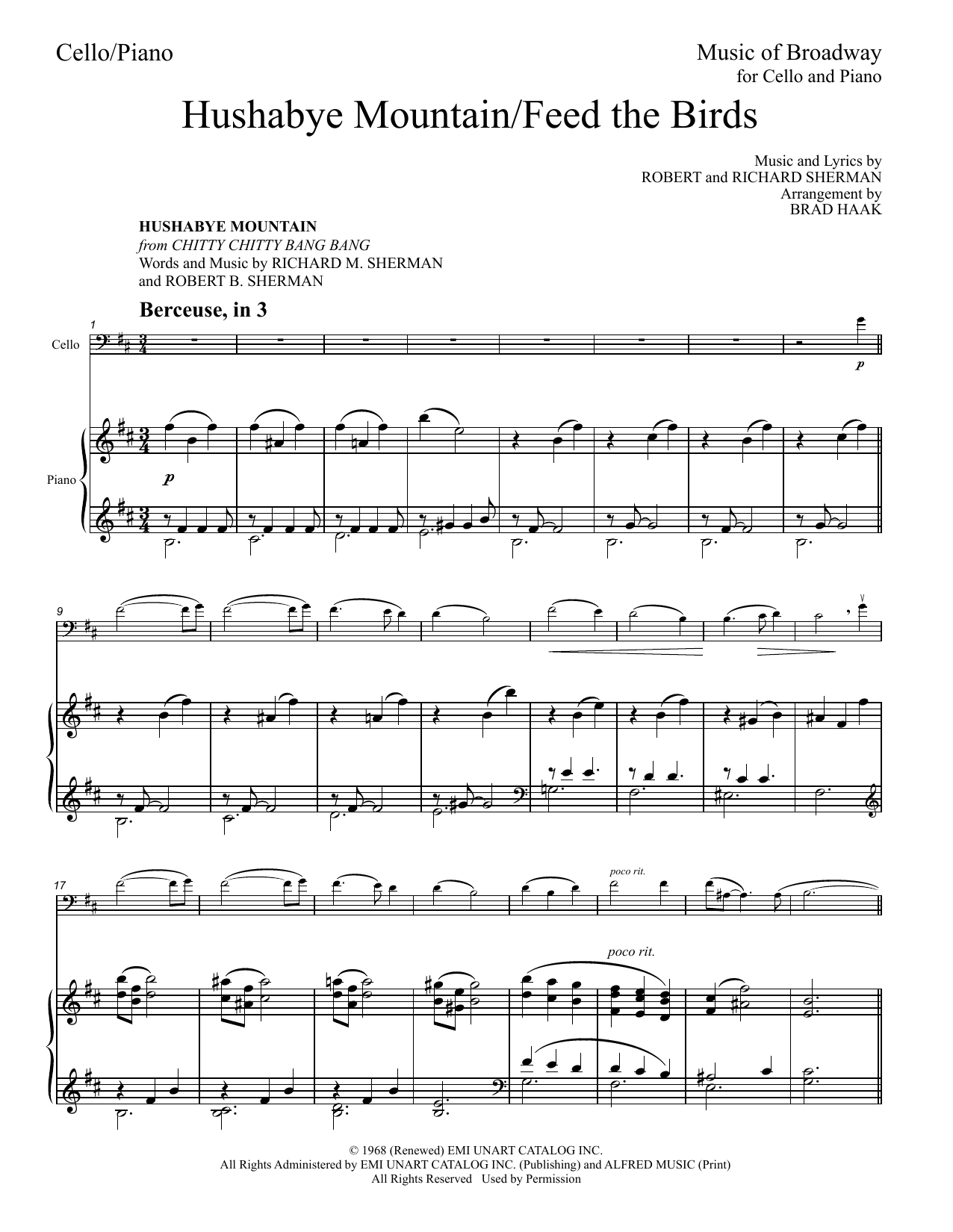 Sherman Brothers Hushabye Mountain / Feed The Birds (Medley) (arr. Brad Haak) sheet music, chords, lyrics - Printable PDF for Cello and Piano
