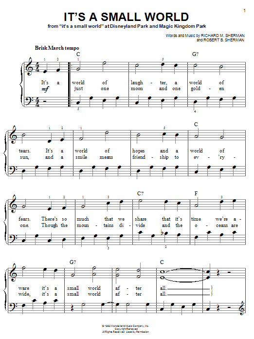Sherman Brothers It's A Small World sheet music, chords, lyrics - Printable PDF for Accordion