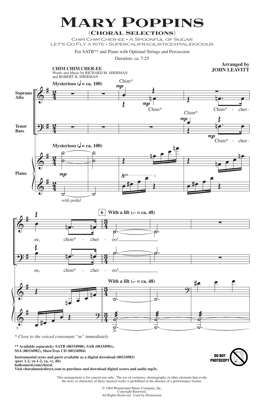 Sherman Brothers Mary Poppins (Choral Selections) (arr. John Leavitt) sheet music, chords, lyrics - Printable PDF for SATB Choir