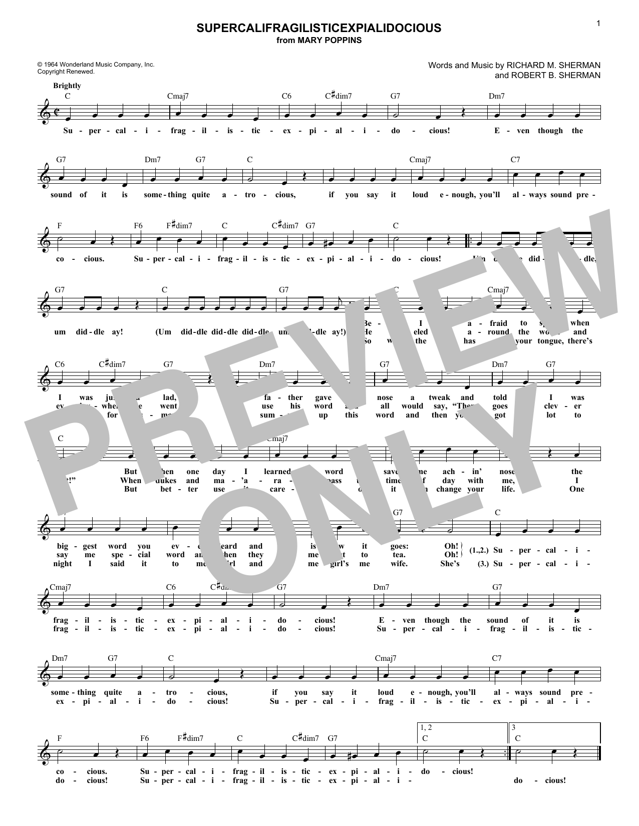 Sherman Brothers Supercalifragilisticexpialidocious (from Mary Poppins) sheet music, chords, lyrics - Printable PDF for Lead Sheet / Fake Book