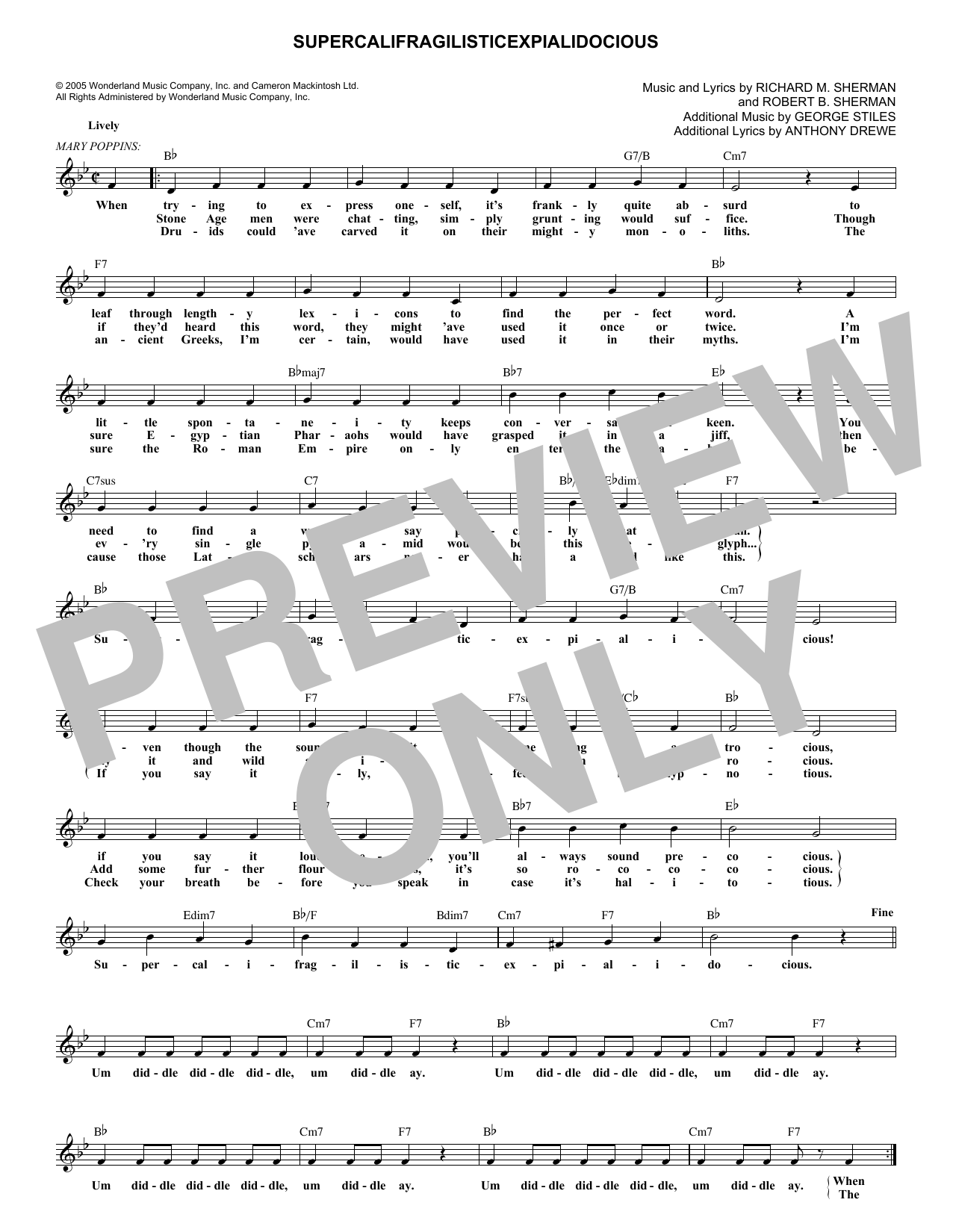 Robert B. Sherman Supercalifragilisticexpialidocious sheet music, chords, lyrics - Printable PDF for Melody Line, Lyrics & Chords