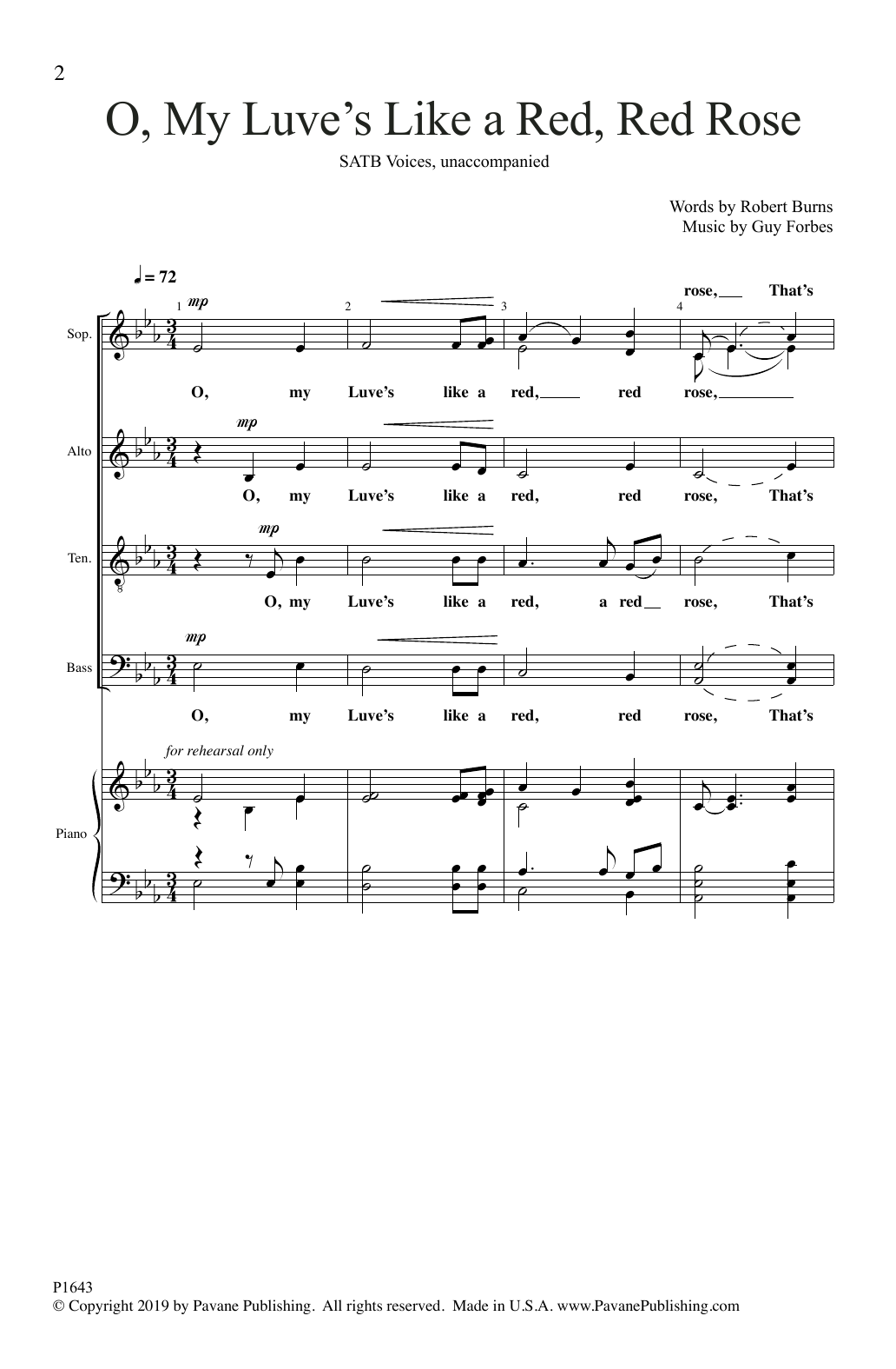 Robert Burns and Guy Forbes O, My Luve's Like a Red, Red Rose sheet music, chords, lyrics - Printable PDF for SATB Choir