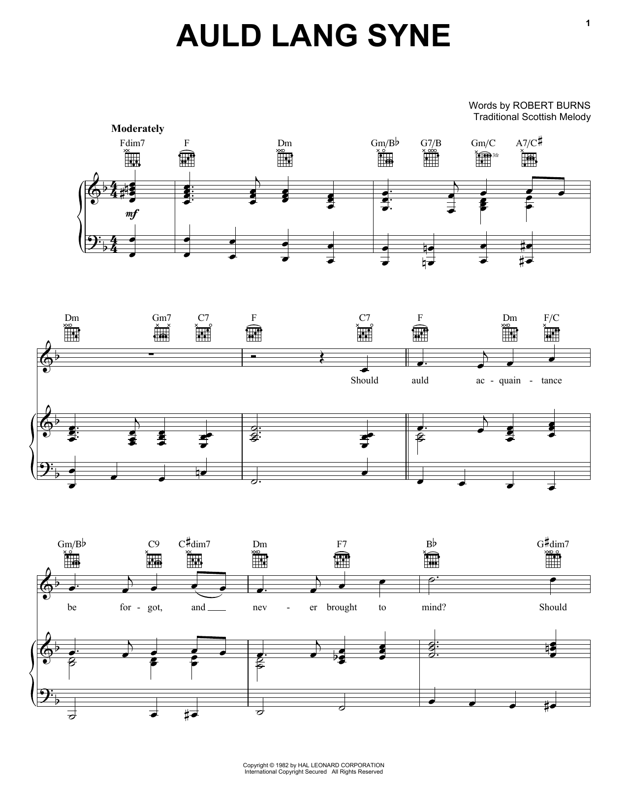 Download Robert Burns Auld Lang Syne sheet music notes and chords for Piano, Vocal & Guitar (Right-Hand Melody) - Download Printable PDF and start playing in minutes.