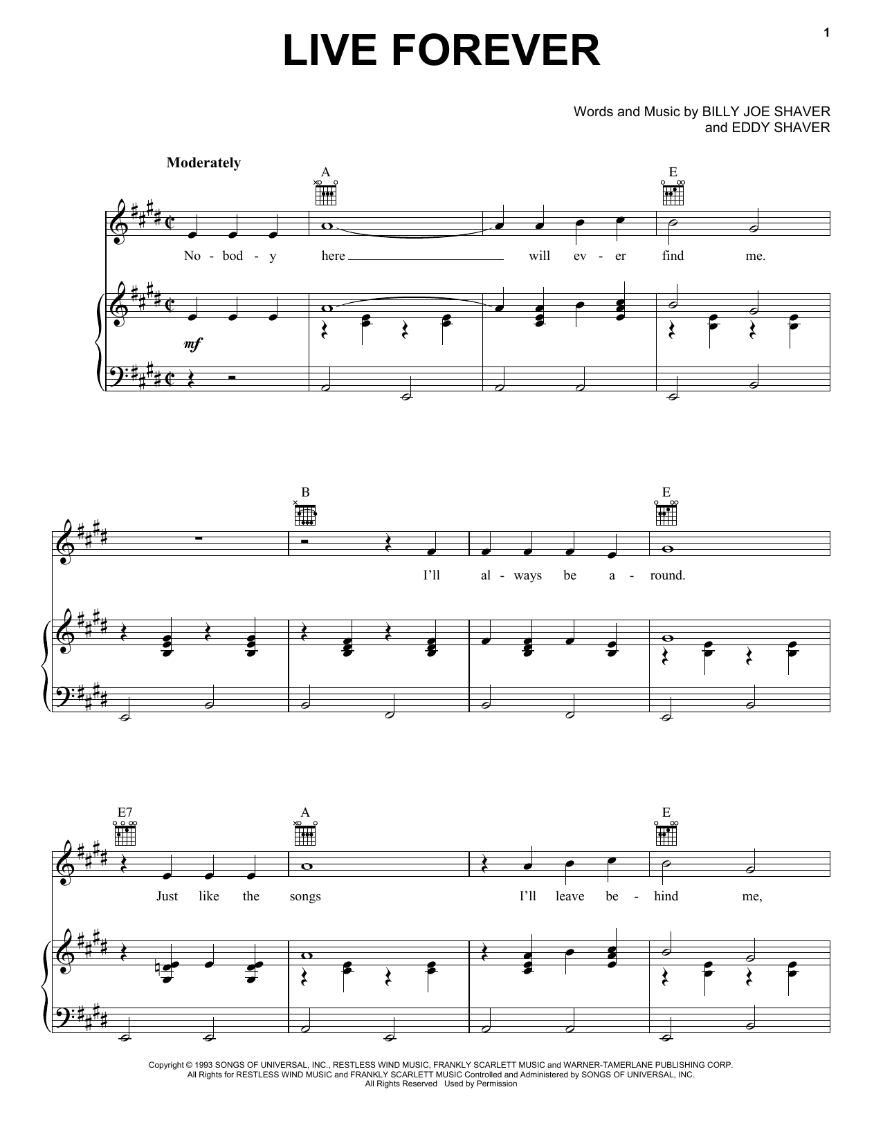 Download Robert Duvall Live Forever sheet music notes and chords for Piano, Vocal & Guitar (Right-Hand Melody) - Download Printable PDF and start playing in minutes.