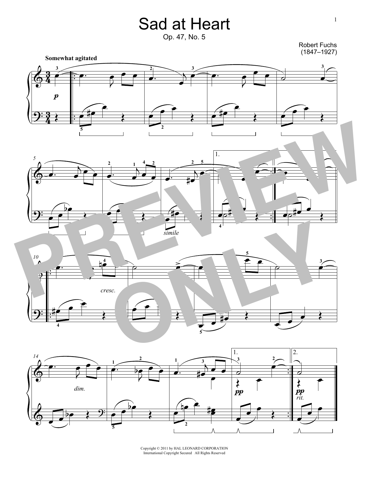 Robert Fuchs Sad At Heart, Op. 47, No. 5 sheet music, chords, lyrics - Printable PDF for Educational Piano
