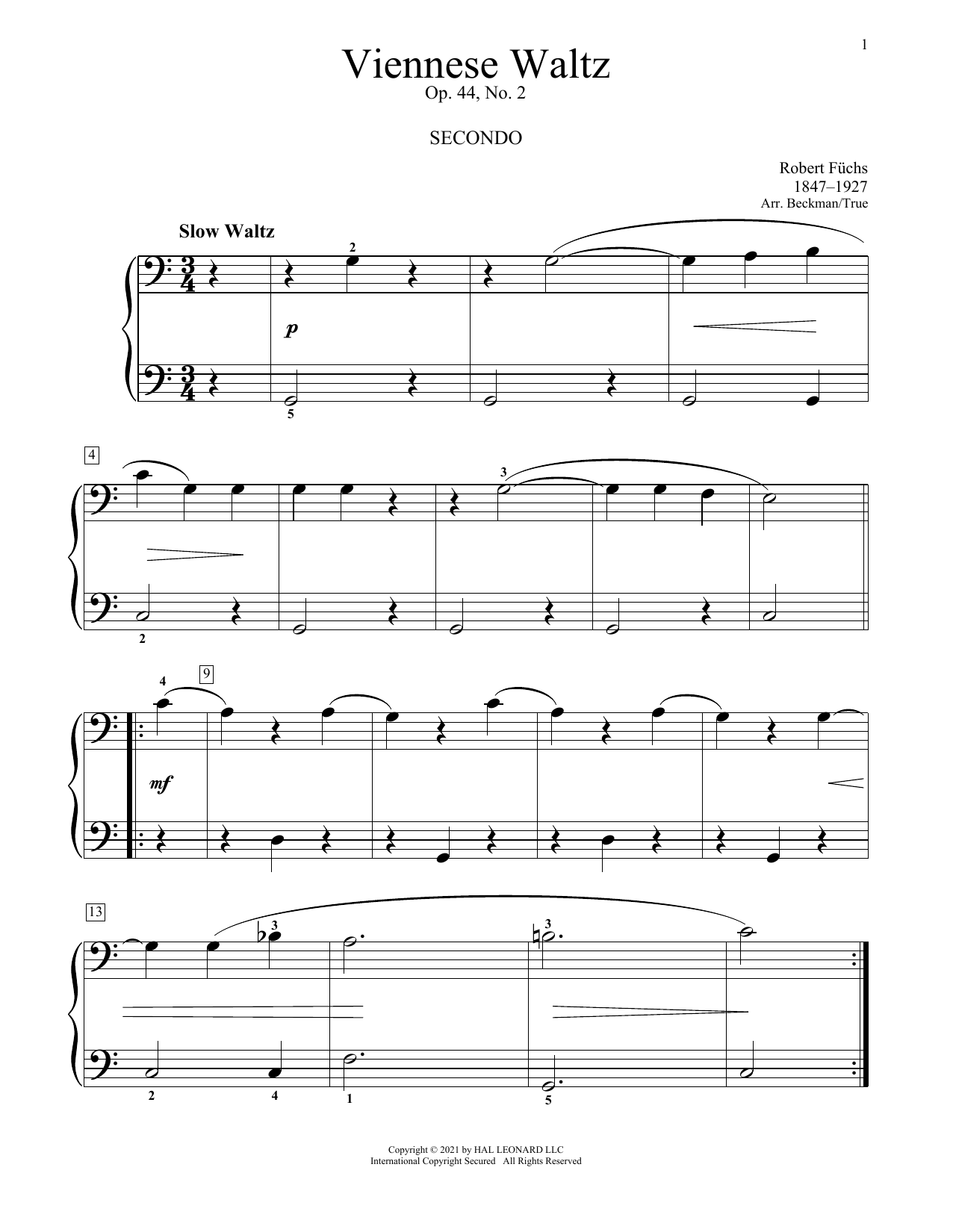 Robert Fuchs Viennese Waltz, Op. 44, No. 2 sheet music, chords, lyrics - Printable PDF for Piano Duet