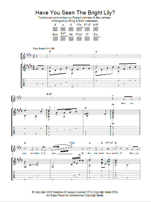 Sting Have You Seen The Bright Lily? sheet music, chords, lyrics - Printable PDF for Guitar Tab