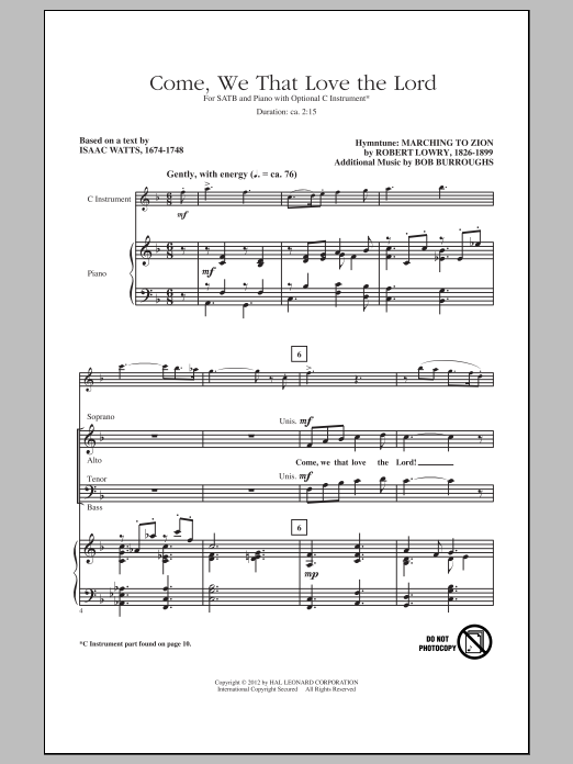 Robert Lowry Come, We That Love The Lord sheet music, chords, lyrics - Printable PDF for SATB