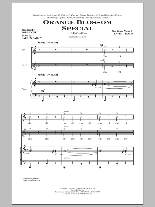 Ervin T. Rouse Orange Blossom Special (arr. Bob Moore) sheet music, chords, lyrics - Printable PDF for 2-Part Choir