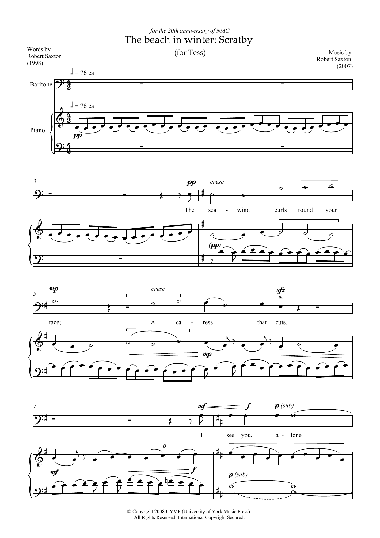 Robert Saxton The beach in winter: Scratby (for baritone & piano) sheet music, chords, lyrics - Printable PDF for Piano & Vocal