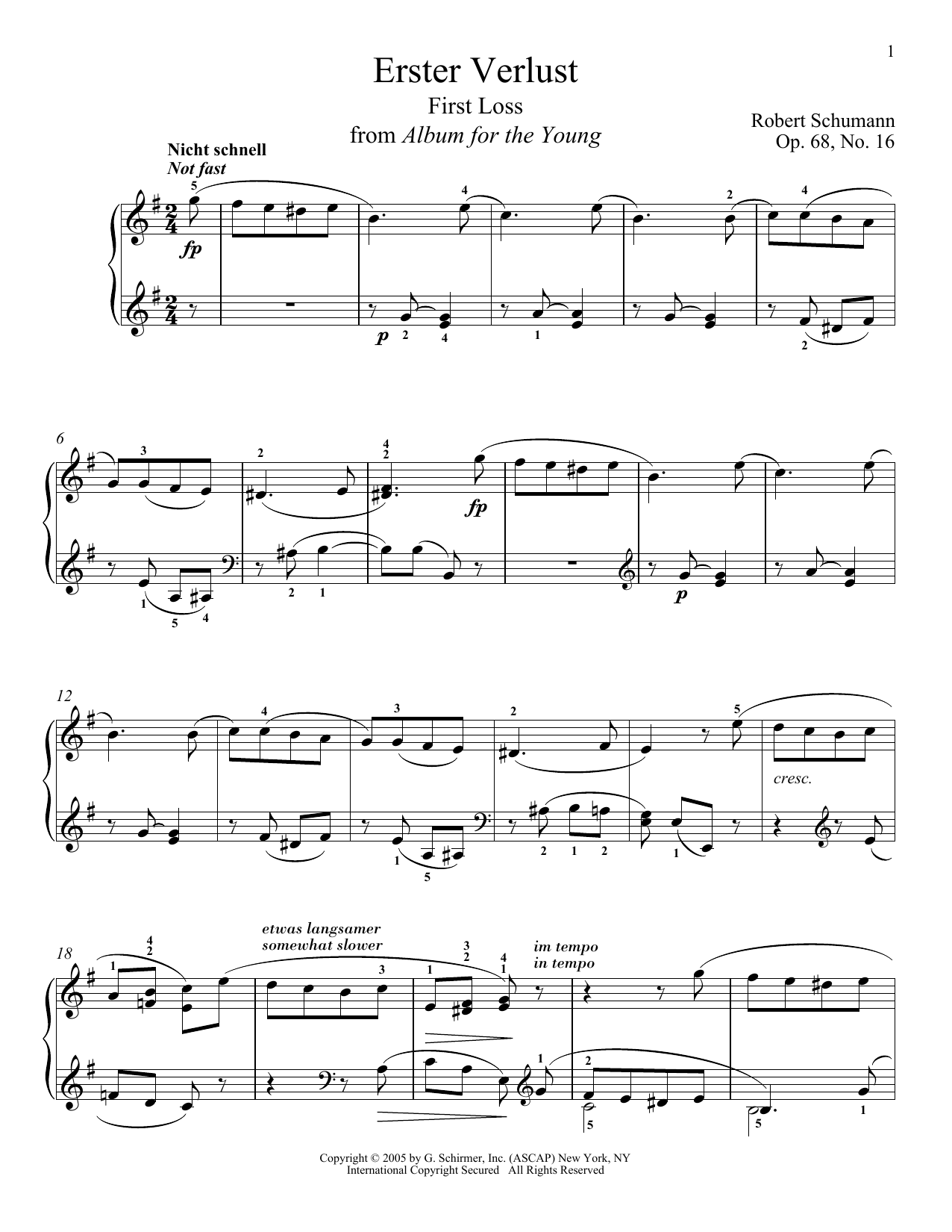 Robert Schumann First Loss, Op. 68, No. 16 sheet music, chords, lyrics - Printable PDF for Piano
