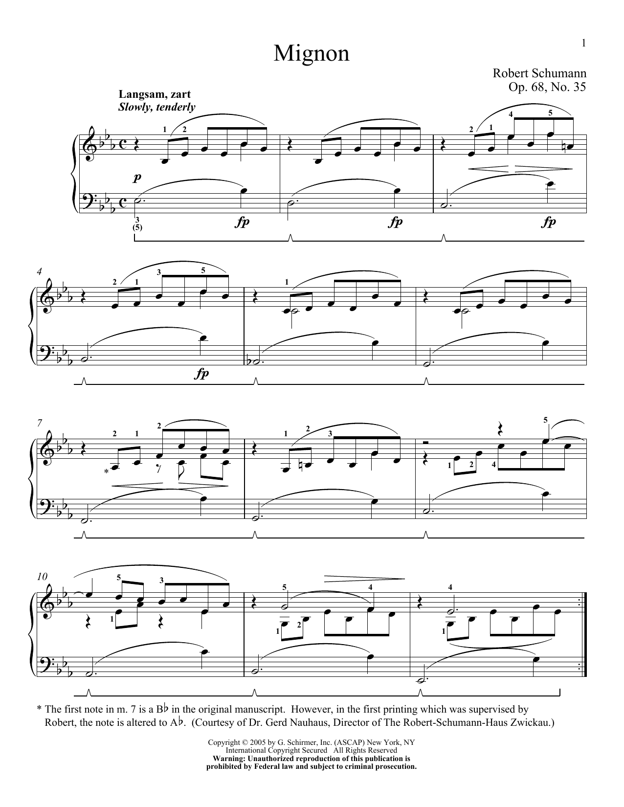 Robert Schumann Mignon, Op. 68, No. 35 sheet music, chords, lyrics - Printable PDF for Piano