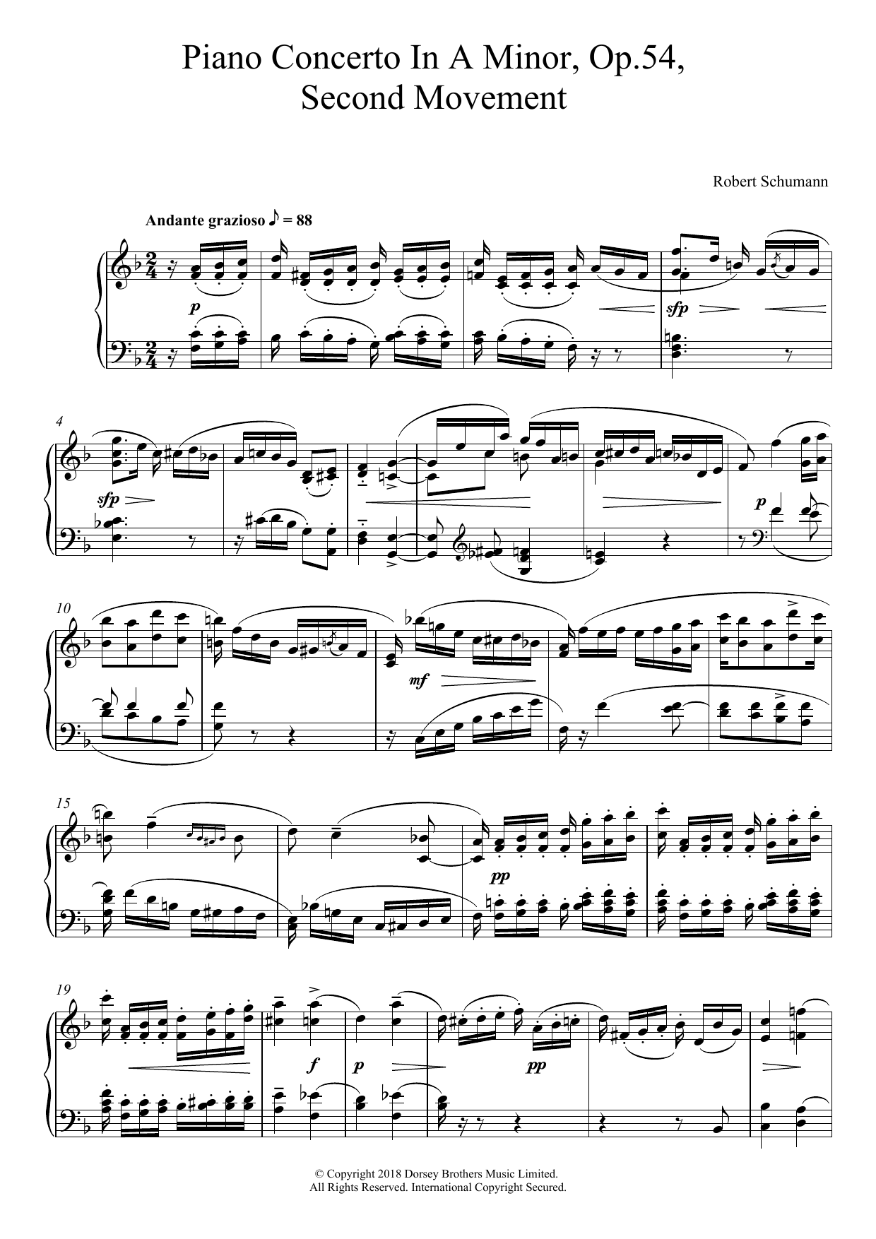 Robert Schumann Piano Concerto In A Minor, Op.54, Second Movement sheet music, chords, lyrics - Printable PDF for Piano
