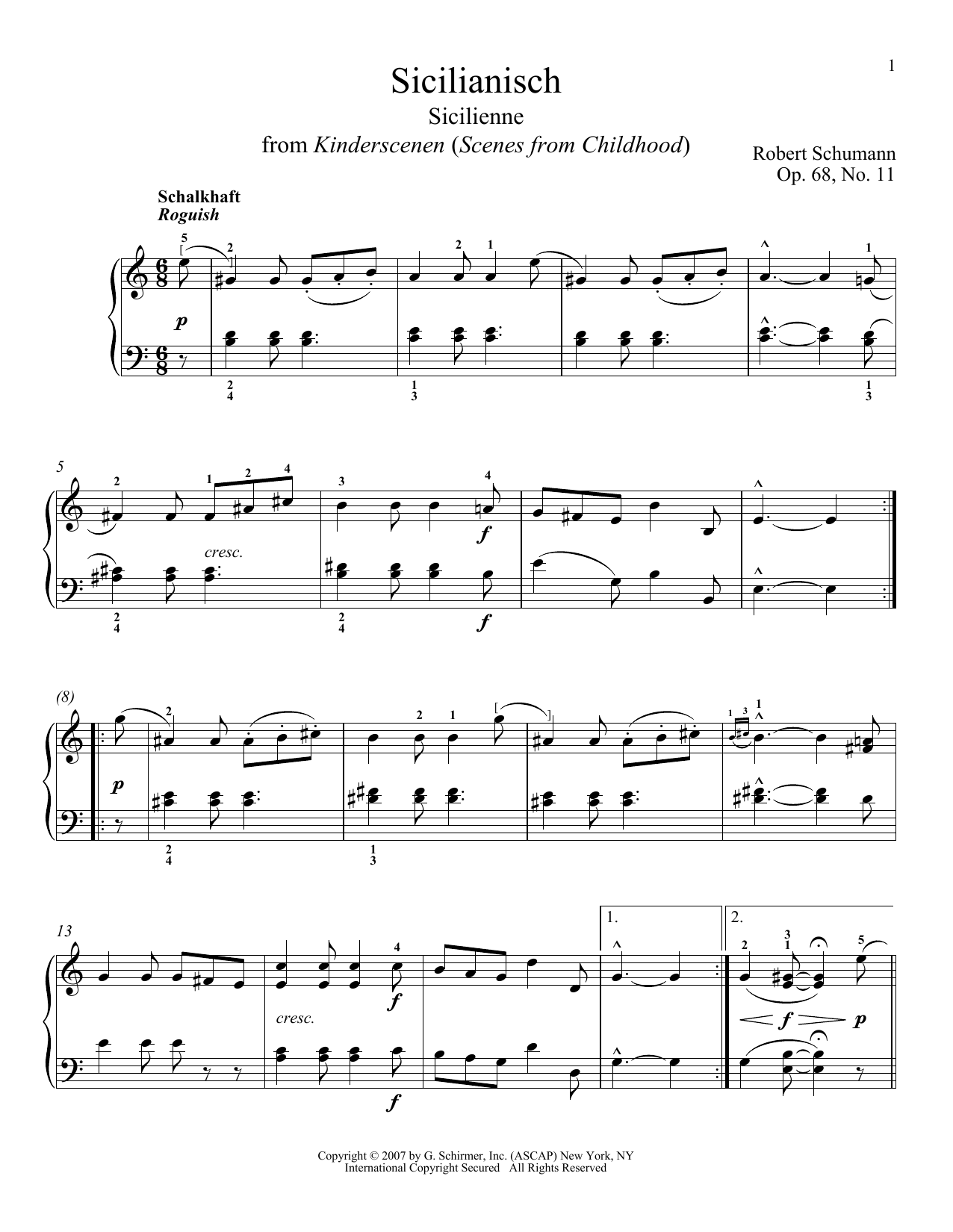 Robert Schumann Sicilienne, Op. 68, No. 11 sheet music, chords, lyrics - Printable PDF for Piano
