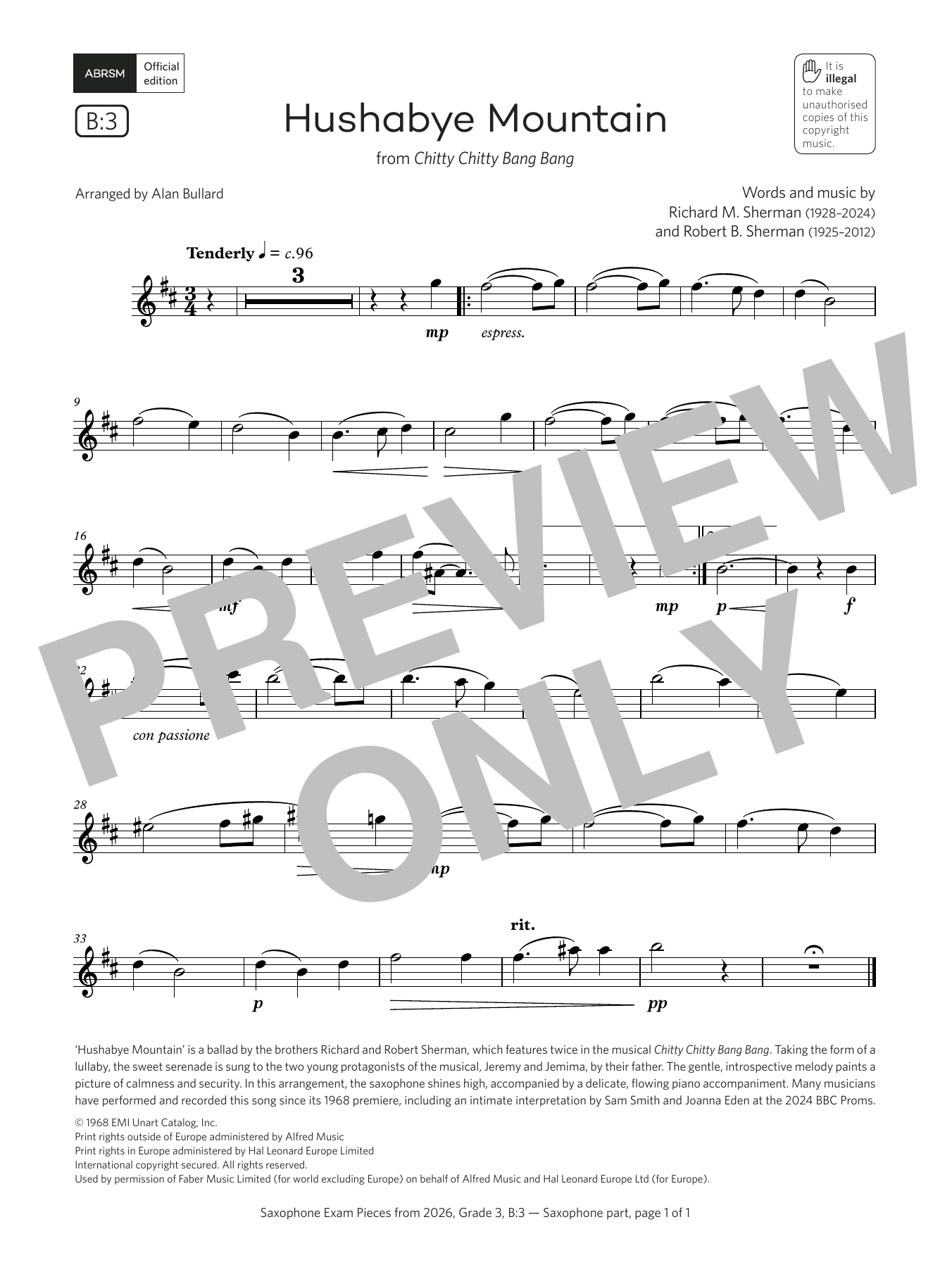 Robert Sherman Hushabye Mountain (Grade 3, list B3, from the ABRSM Saxophone Syllabus from 2026) sheet music, chords, lyrics - Printable PDF for Alto Sax Solo