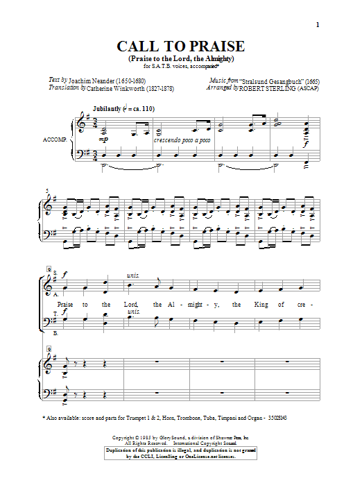 Traditional Hymn Praise To The Lord, The Almighty (arr. Robert Sterling) sheet music, chords, lyrics - Printable PDF for SATB