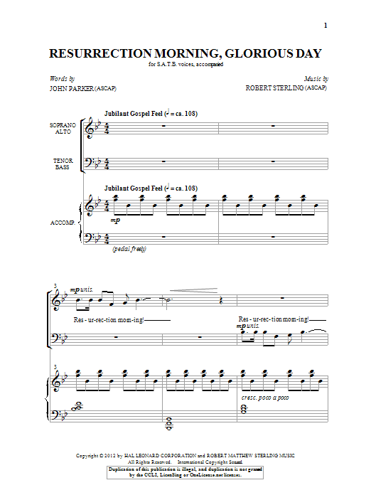 Robert Sterling Resurrection Morning, Glorious Day sheet music, chords, lyrics - Printable PDF for SATB