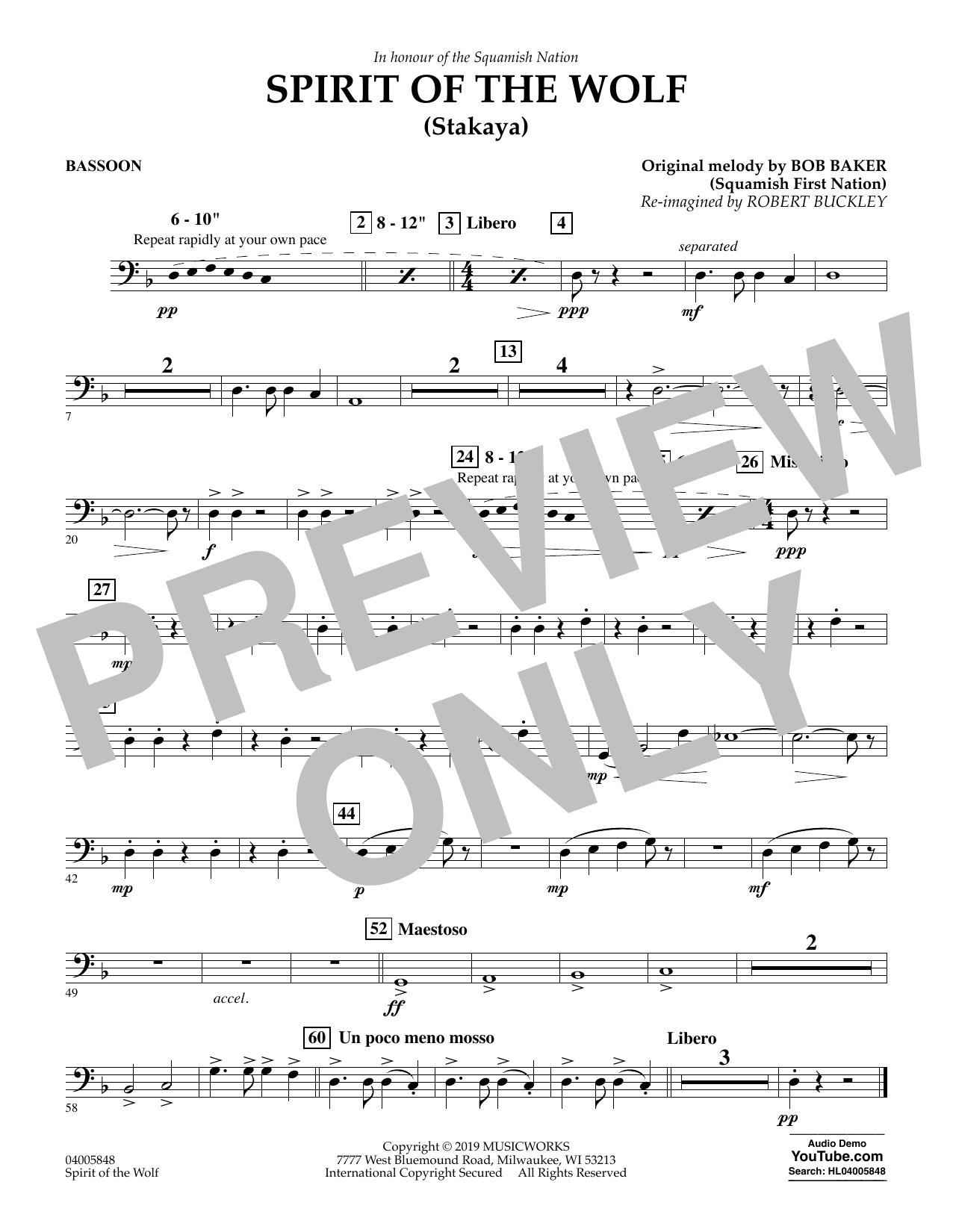 Learn to play Robert Buckley Spirit of the Wolf (Stakaya) - Bassoon sheet music for Concert Band in minutes. Robert Buckley Spirit of the Wolf (Stakaya) - Bassoon sheet music preview music notes and score for Concert Band including 1 page(s)