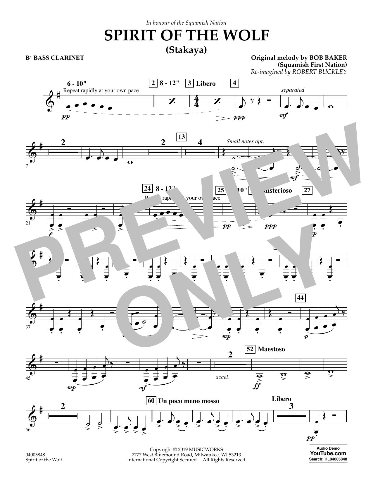 Learn to play Robert Buckley Spirit of the Wolf (Stakaya) - Bb Bass Clarinet sheet music for Concert Band in minutes. Robert Buckley Spirit of the Wolf (Stakaya) - Bb Bass Clarinet sheet music preview music notes and score for Concert Band including 1 page(s)