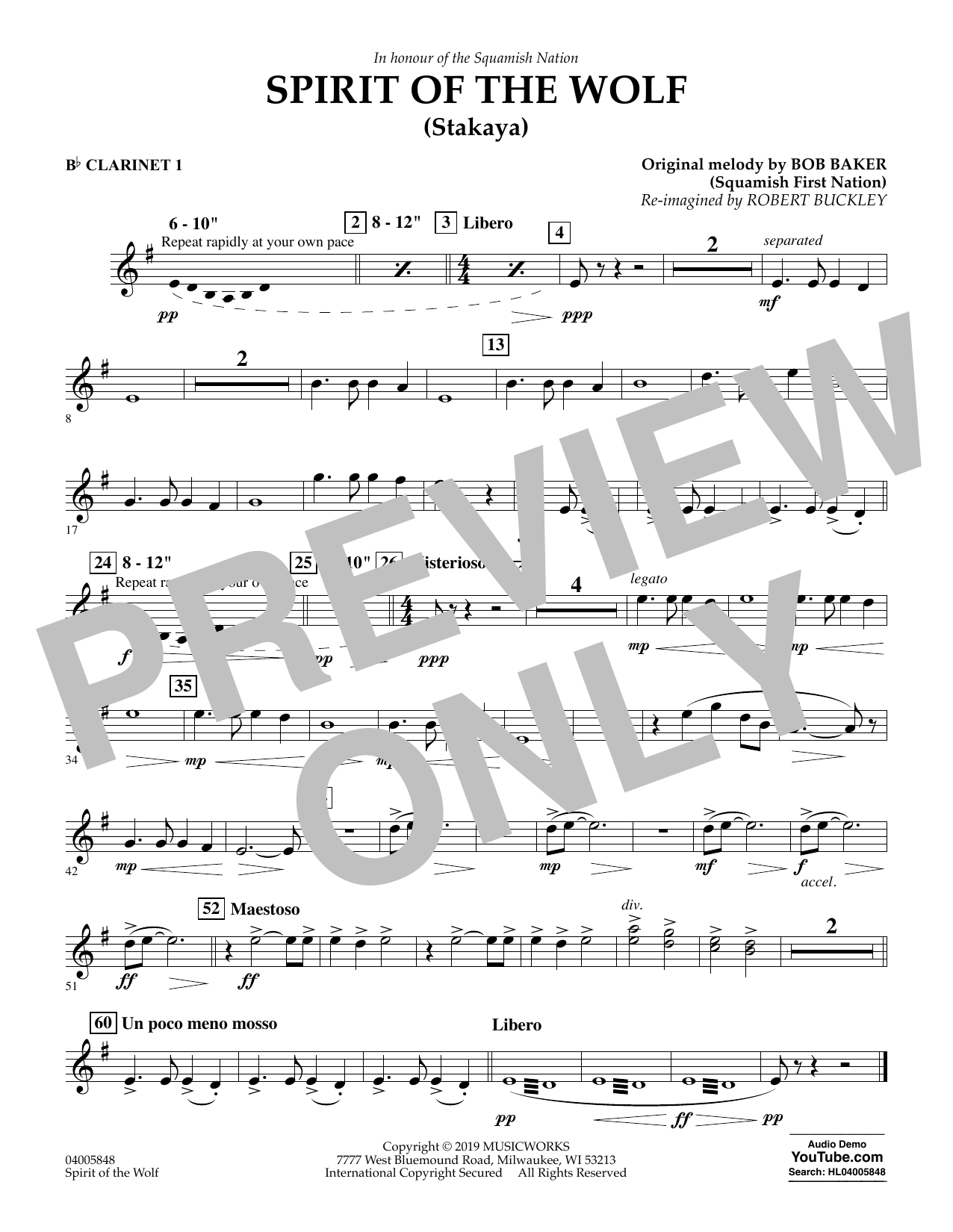 Learn to play Robert Buckley Spirit of the Wolf (Stakaya) - Bb Clarinet 1 sheet music for Concert Band in minutes. Robert Buckley Spirit of the Wolf (Stakaya) - Bb Clarinet 1 sheet music preview music notes and score for Concert Band including 1 page(s)