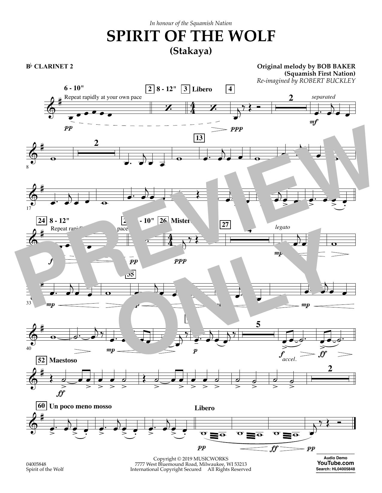Learn to play Robert Buckley Spirit of the Wolf (Stakaya) - Bb Clarinet 2 sheet music for Concert Band in minutes. Robert Buckley Spirit of the Wolf (Stakaya) - Bb Clarinet 2 sheet music preview music notes and score for Concert Band including 1 page(s)