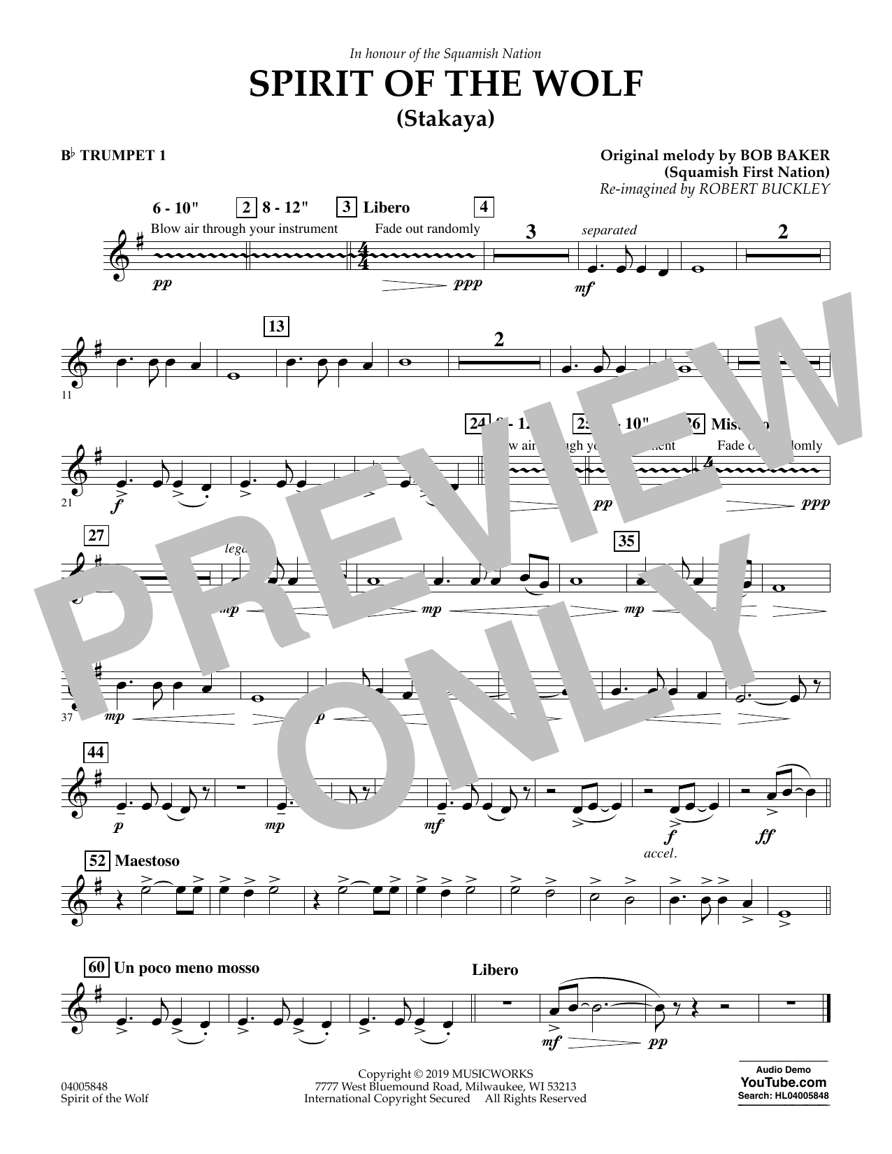 Learn to play Robert Buckley Spirit of the Wolf (Stakaya) - Bb Trumpet 1 sheet music for Concert Band in minutes. Robert Buckley Spirit of the Wolf (Stakaya) - Bb Trumpet 1 sheet music preview music notes and score for Concert Band including 1 page(s)