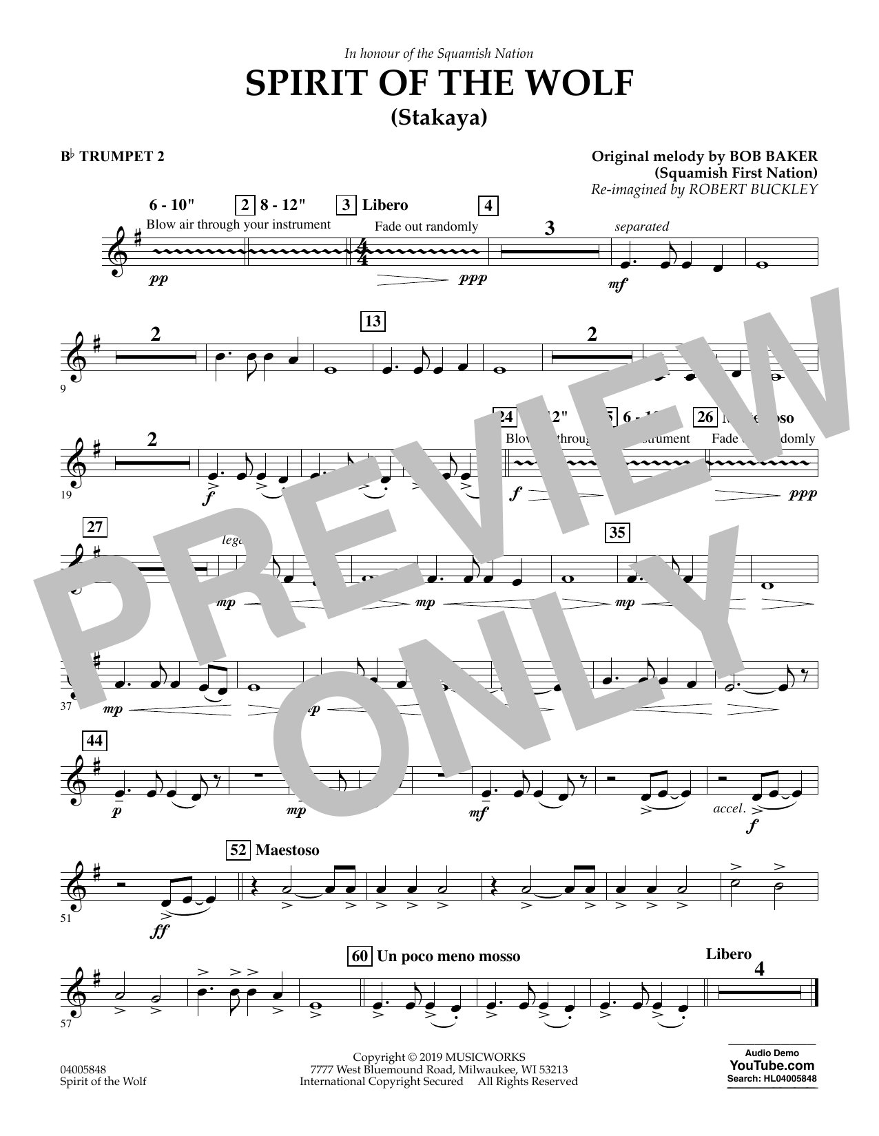 Learn to play Robert Buckley Spirit of the Wolf (Stakaya) - Bb Trumpet 2 sheet music for Concert Band in minutes. Robert Buckley Spirit of the Wolf (Stakaya) - Bb Trumpet 2 sheet music preview music notes and score for Concert Band including 1 page(s)