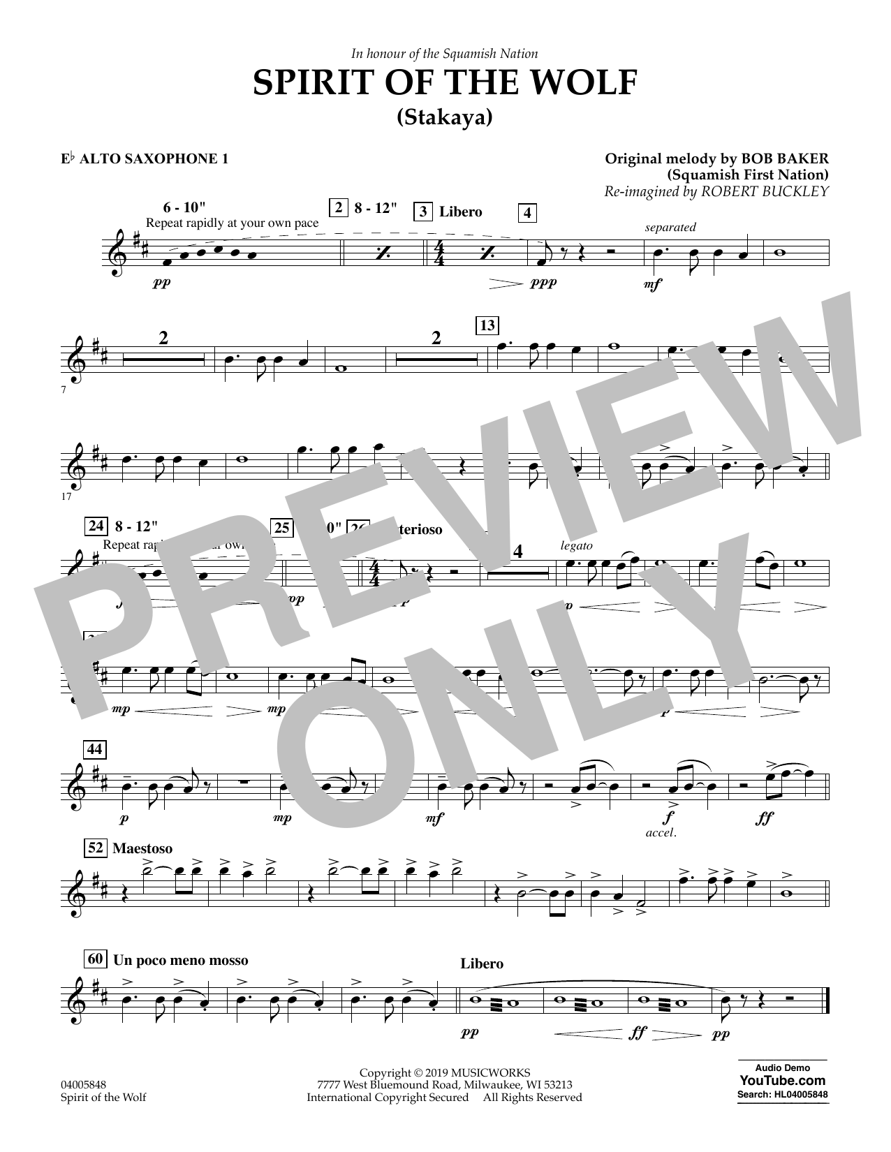 Learn to play Robert Buckley Spirit of the Wolf (Stakaya) - Eb Alto Saxophone 1 sheet music for Concert Band in minutes. Robert Buckley Spirit of the Wolf (Stakaya) - Eb Alto Saxophone 1 sheet music preview music notes and score for Concert Band including 1 page(s)