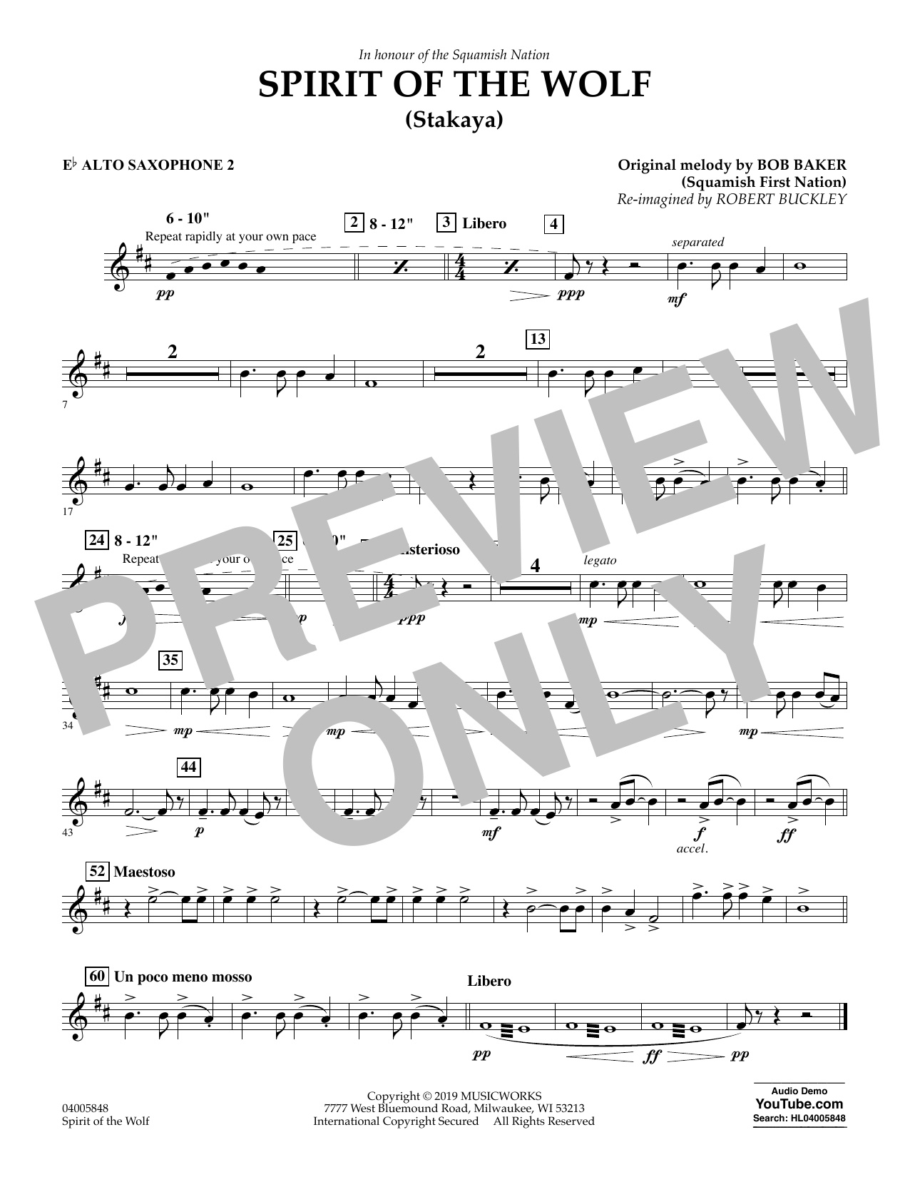 Learn to play Robert Buckley Spirit of the Wolf (Stakaya) - Eb Alto Saxophone 2 sheet music for Concert Band in minutes. Robert Buckley Spirit of the Wolf (Stakaya) - Eb Alto Saxophone 2 sheet music preview music notes and score for Concert Band including 1 page(s)