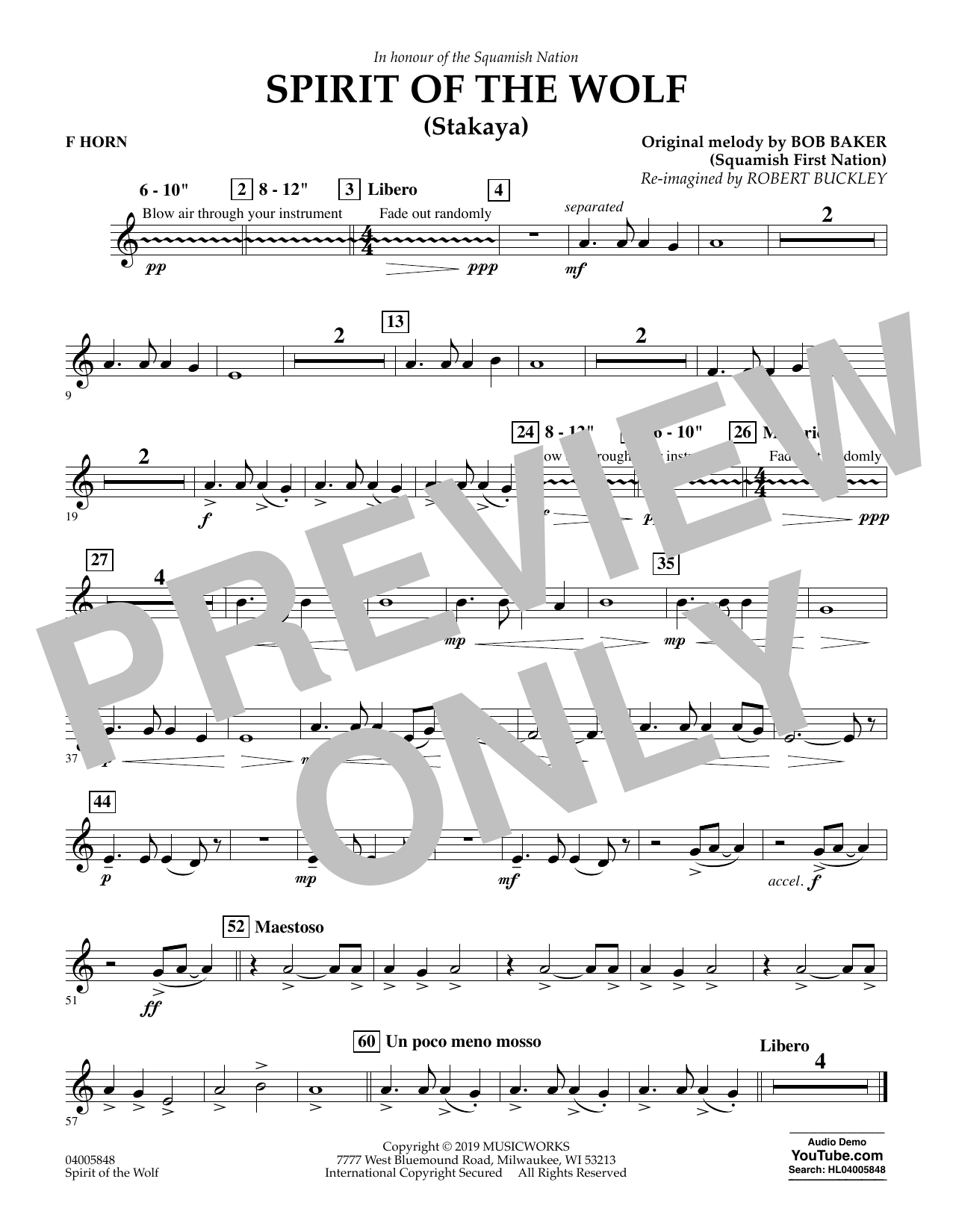 Learn to play Robert Buckley Spirit of the Wolf (Stakaya) - F Horn sheet music for Concert Band in minutes. Robert Buckley Spirit of the Wolf (Stakaya) - F Horn sheet music preview music notes and score for Concert Band including 1 page(s)