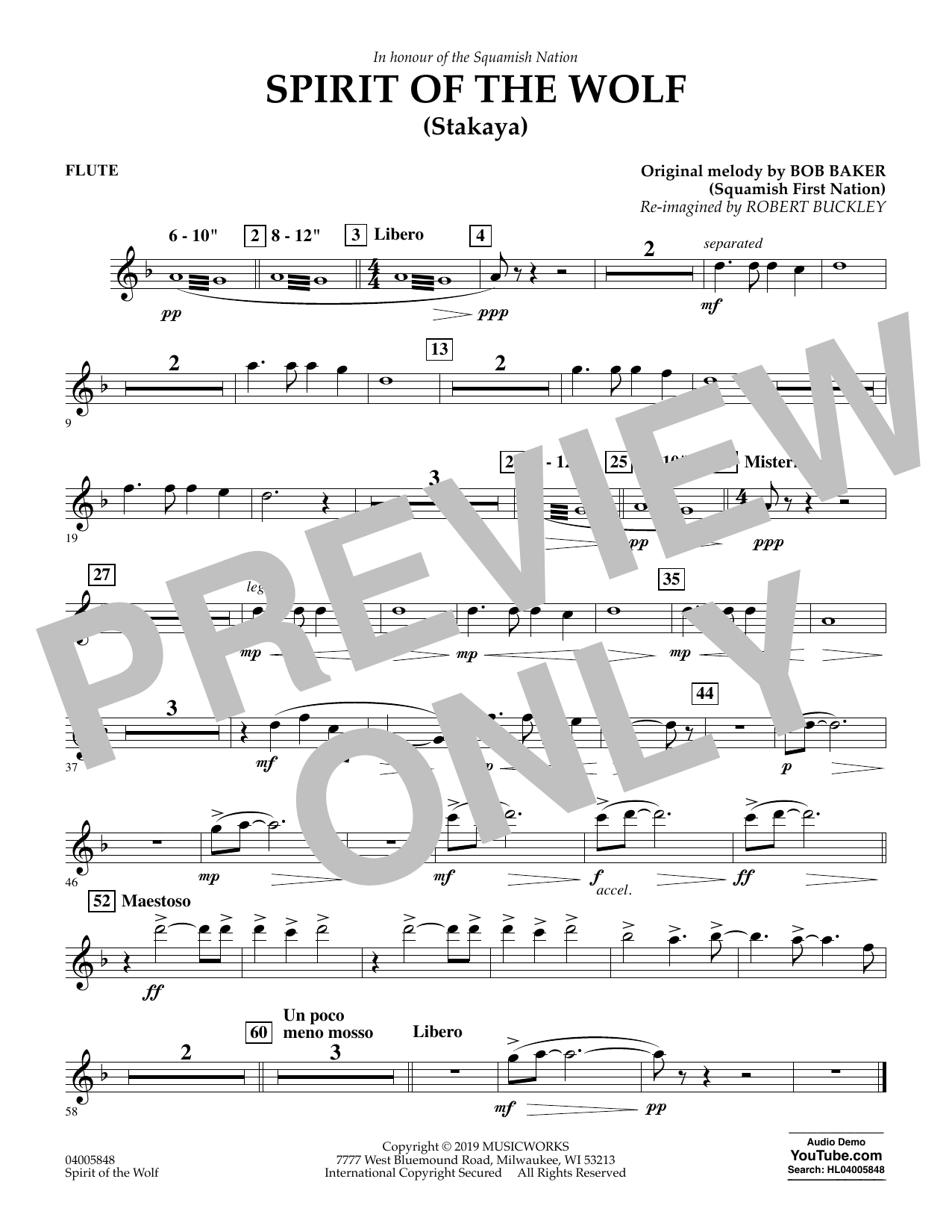 Learn to play Robert Buckley Spirit of the Wolf (Stakaya) - Flute sheet music for Concert Band in minutes. Robert Buckley Spirit of the Wolf (Stakaya) - Flute sheet music preview music notes and score for Concert Band including 1 page(s)