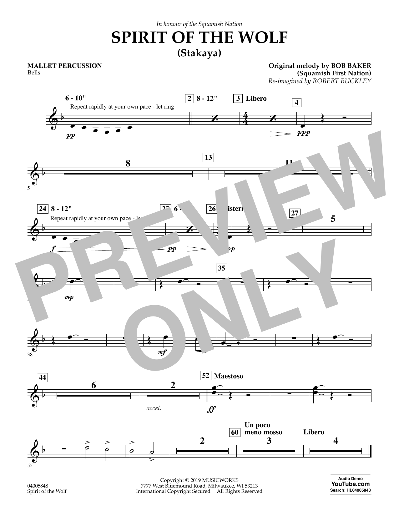 Learn to play Robert Buckley Spirit of the Wolf (Stakaya) - Mallet Percussion sheet music for Concert Band in minutes. Robert Buckley Spirit of the Wolf (Stakaya) - Mallet Percussion sheet music preview music notes and score for Concert Band including 1 page(s)