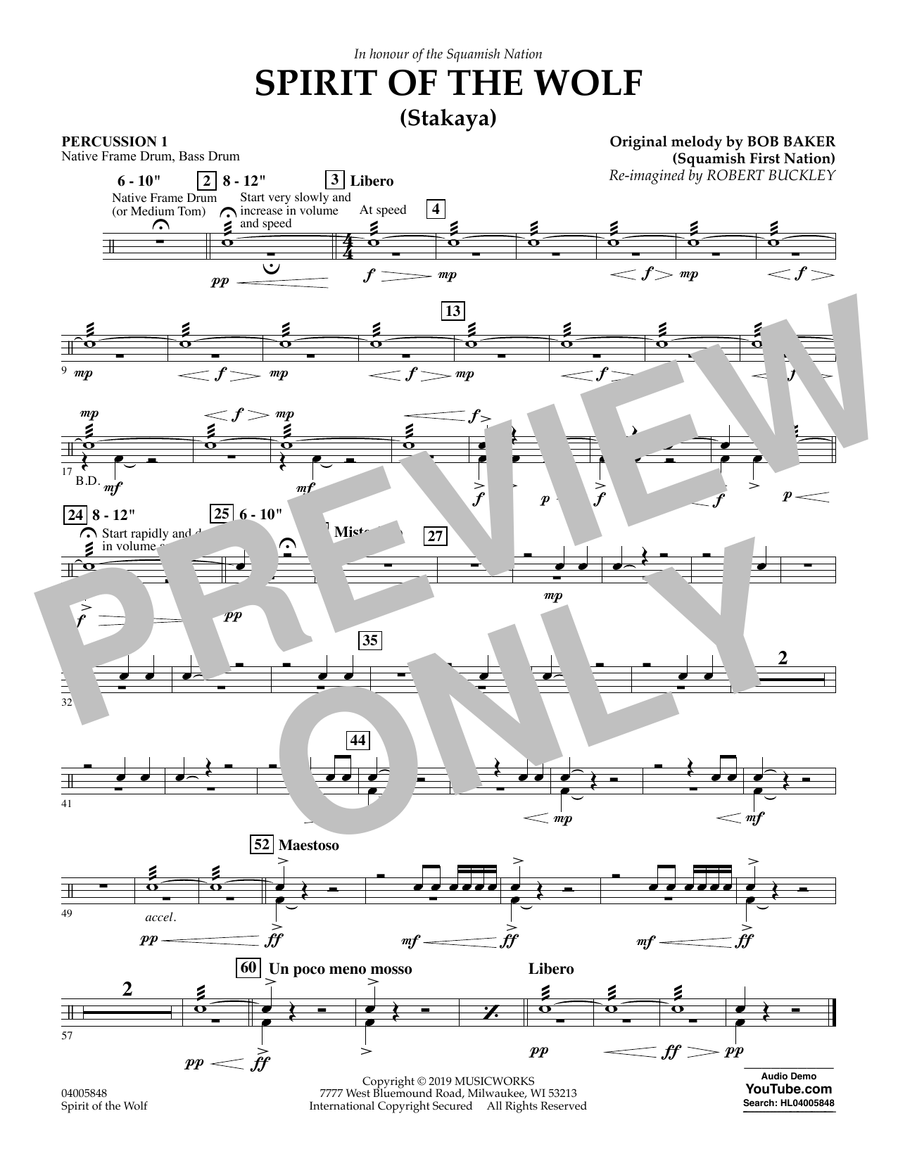 Learn to play Robert Buckley Spirit of the Wolf (Stakaya) - Percussion 1 sheet music for Concert Band in minutes. Robert Buckley Spirit of the Wolf (Stakaya) - Percussion 1 sheet music preview music notes and score for Concert Band including 1 page(s)