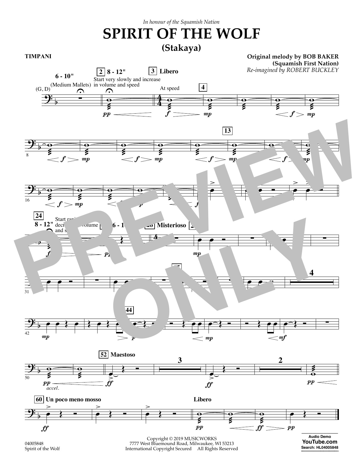 Learn to play Robert Buckley Spirit of the Wolf (Stakaya) - Timpani sheet music for Concert Band in minutes. Robert Buckley Spirit of the Wolf (Stakaya) - Timpani sheet music preview music notes and score for Concert Band including 1 page(s)