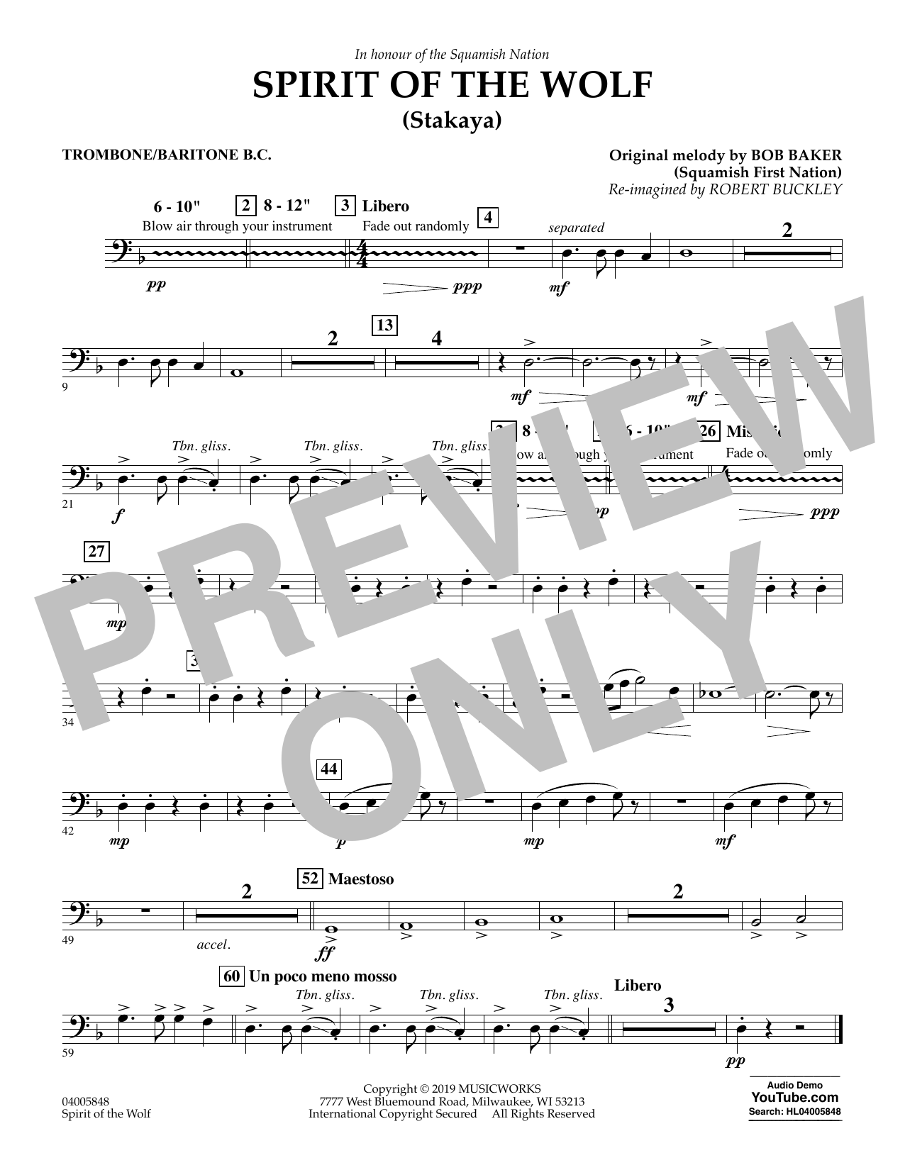 Learn to play Robert Buckley Spirit of the Wolf (Stakaya) - Trombone/Baritone B.C. sheet music for Concert Band in minutes. Robert Buckley Spirit of the Wolf (Stakaya) - Trombone/Baritone B.C. sheet music preview music notes and score for Concert Band including 1 page(s)