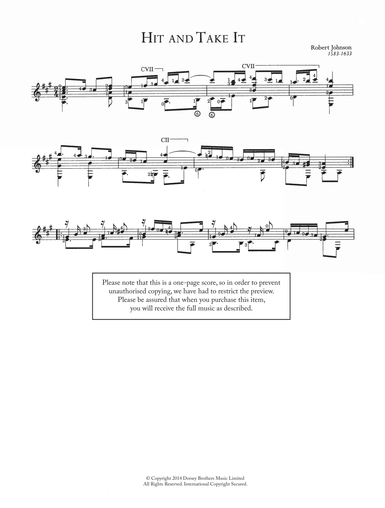 Robert Johnson II Hit And Take It sheet music preview music notes and score for Guitar including 2 page(s)