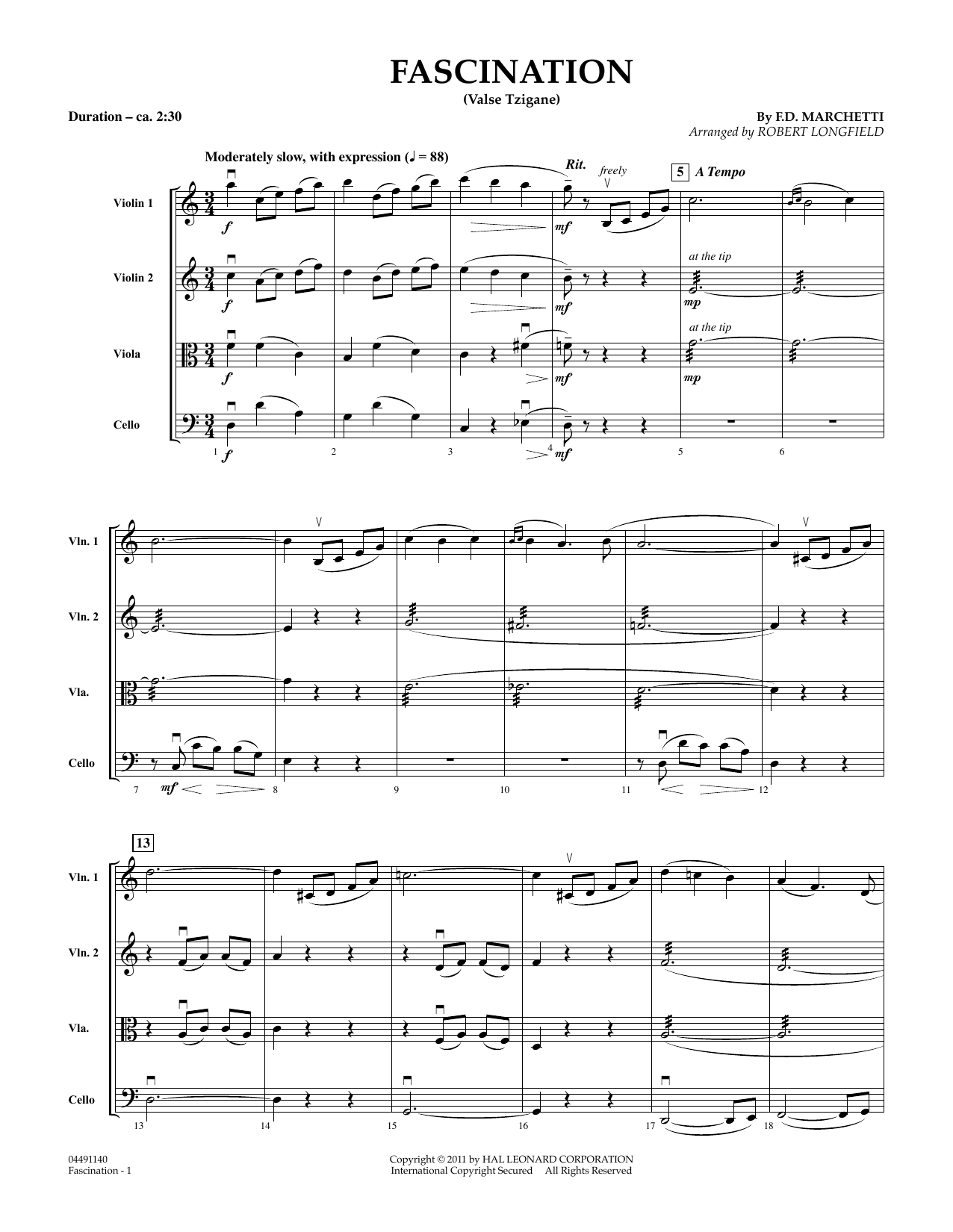 Learn to play Robert Longfield Fascination (Valse Tzigane) - Conductor Score (Full Score) sheet music for String Quartet in minutes. Robert Longfield Fascination (Valse Tzigane) - Conductor Score (Full Score) sheet music preview music notes and score for String Quartet including 4 page(s)