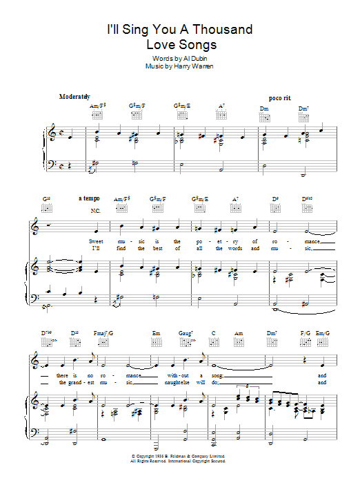 Learn to play Robert Paige I'll Sing You A Thousand Love Songs sheet music for Piano, Vocal & Guitar (Right-Hand Melody) in minutes. Robert Paige I'll Sing You A Thousand Love Songs sheet music preview music notes and score for Piano, Vocal & Guitar (Right-Hand Melody) including 4 page(s)