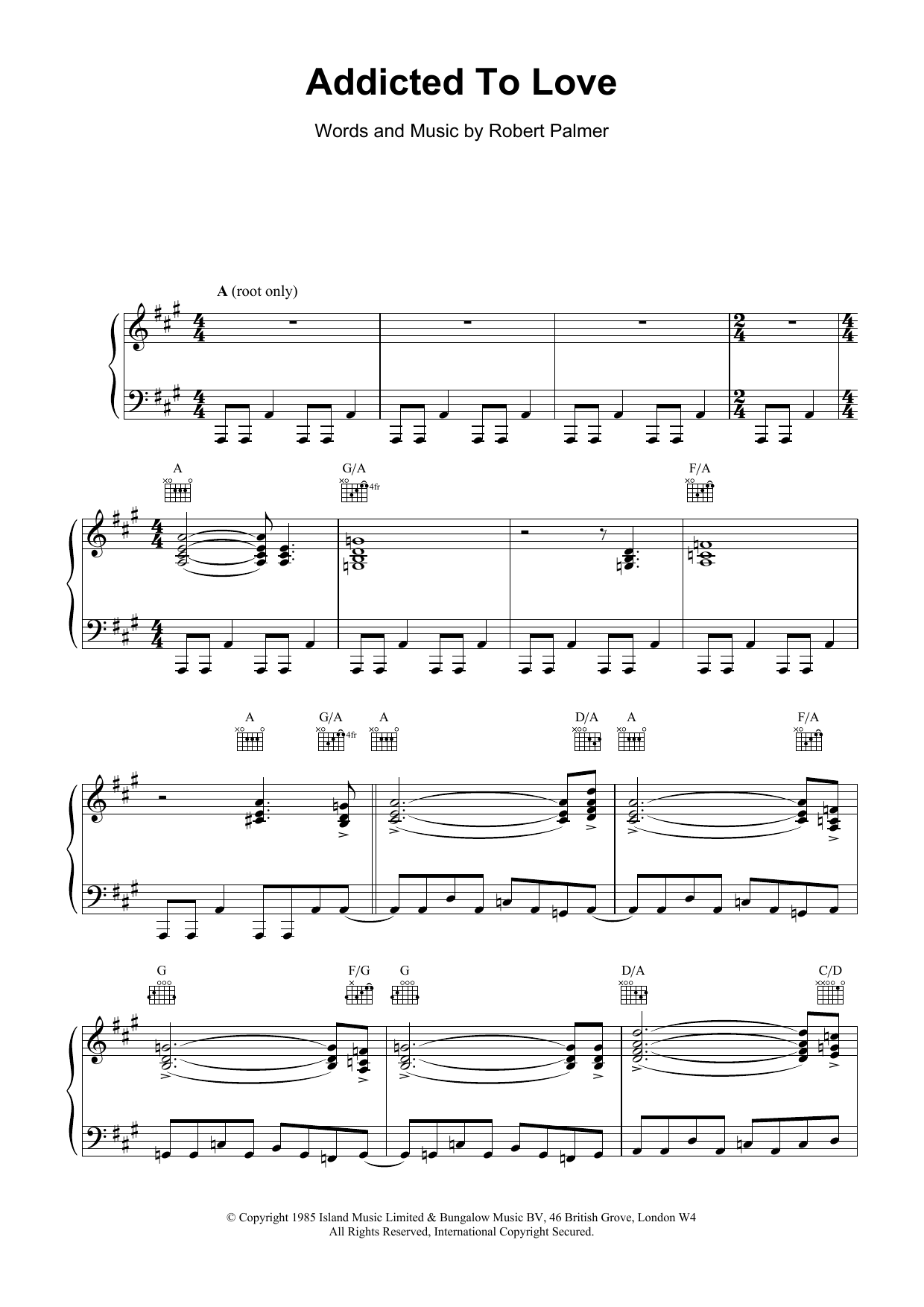 Learn to play Robert Palmer Addicted To Love sheet music for Piano, Vocal & Guitar (Right-Hand Melody) in minutes. Robert Palmer Addicted To Love sheet music preview music notes and score for Piano, Vocal & Guitar (Right-Hand Melody) including 5 page(s)