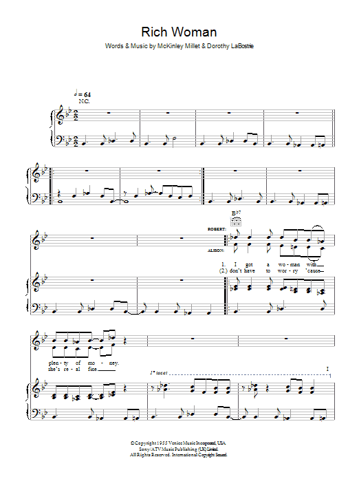 Learn to play Robert Plant and Alison Krauss Rich Woman sheet music for Piano, Vocal & Guitar (Right-Hand Melody) in minutes. Robert Plant and Alison Krauss Rich Woman sheet music preview music notes and score for Piano, Vocal & Guitar (Right-Hand Melody) including 5 page(s)