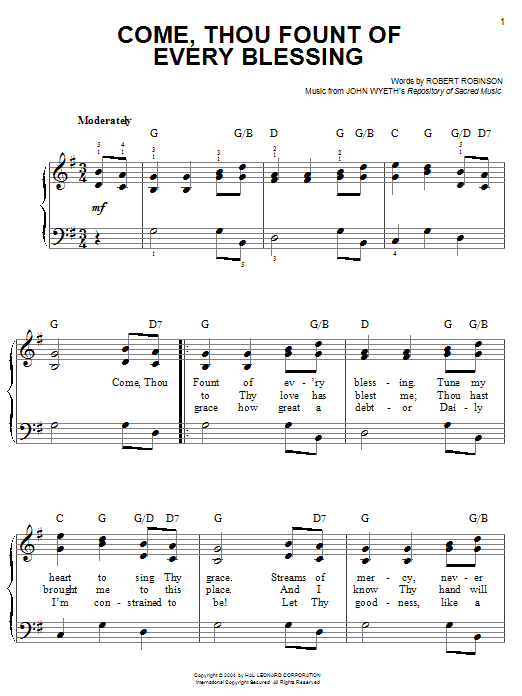 Learn to play Robert Robinson Come, Thou Fount of Every Blessing sheet music for Easy Piano in minutes. Robert Robinson Come, Thou Fount of Every Blessing sheet music preview music notes and score for Easy Piano including 2 page(s)