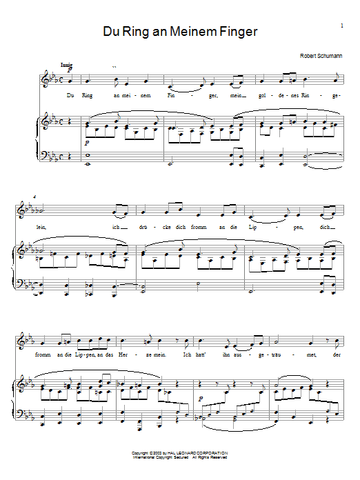 Learn to play Robert Schumann Du Ring An Meinem Finger sheet music for Piano, Vocal & Guitar (Right-Hand Melody) in minutes. Robert Schumann Du Ring An Meinem Finger sheet music preview music notes and score for Piano, Vocal & Guitar (Right-Hand Melody) including 4 page(s)