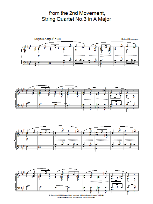 Robert Schumann from the 2nd Movement, String Quartet No.3 in A Major sheet music preview music notes and score for Piano including 3 page(s)