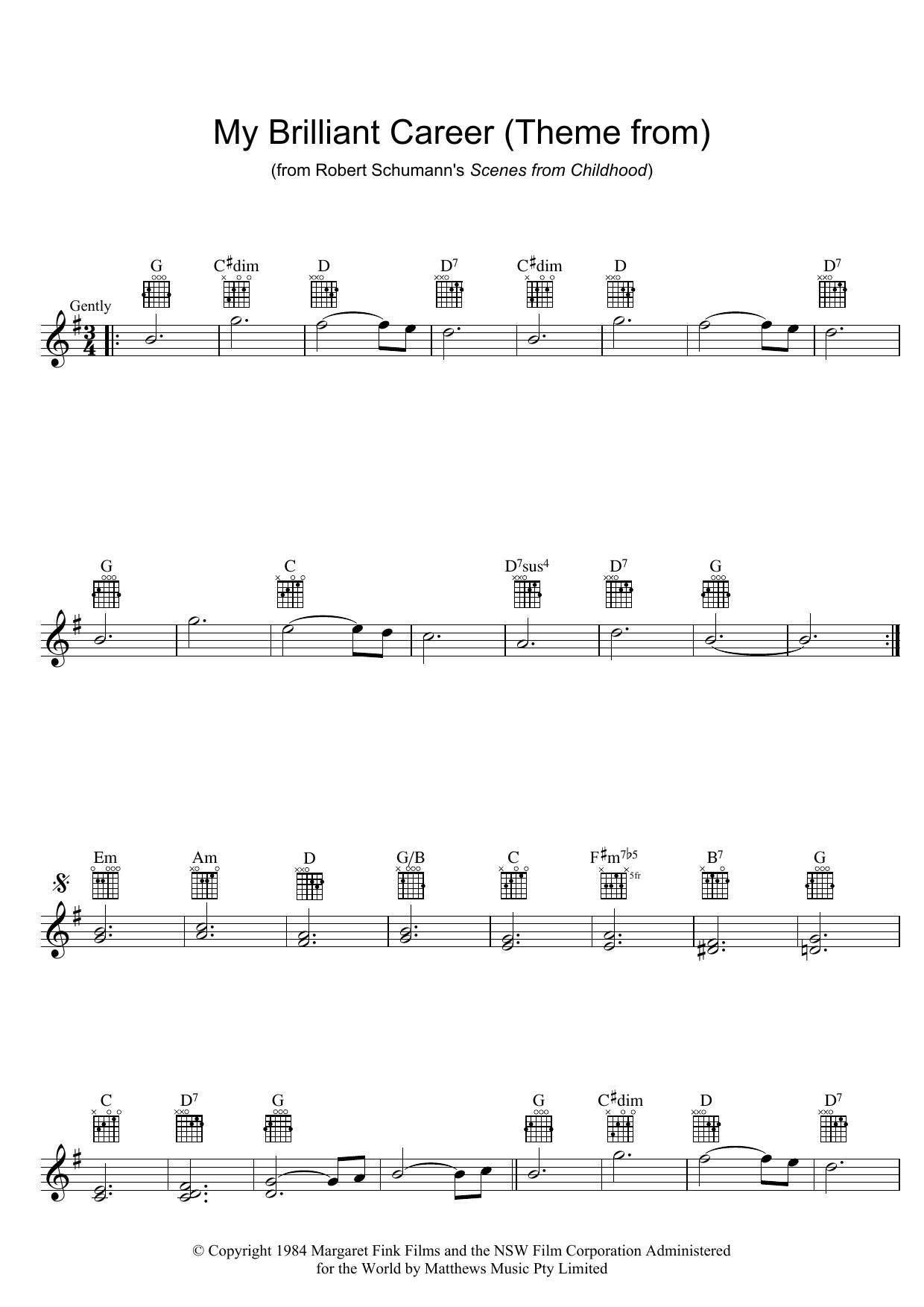 Learn to play Robert Schumann Theme From My Brilliant Career sheet music for Melody Line, Lyrics & Chords in minutes. Robert Schumann Theme From My Brilliant Career sheet music preview music notes and score for Melody Line, Lyrics & Chords including 2 page(s)