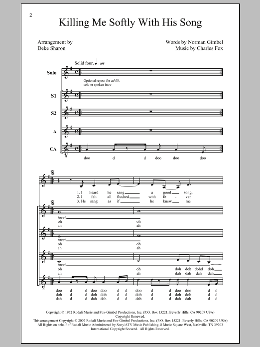 Roberta Flack Killing Me Softly With His Song (arr. Deke Sharon) sheet music preview music notes and score for SSA including 7 page(s)