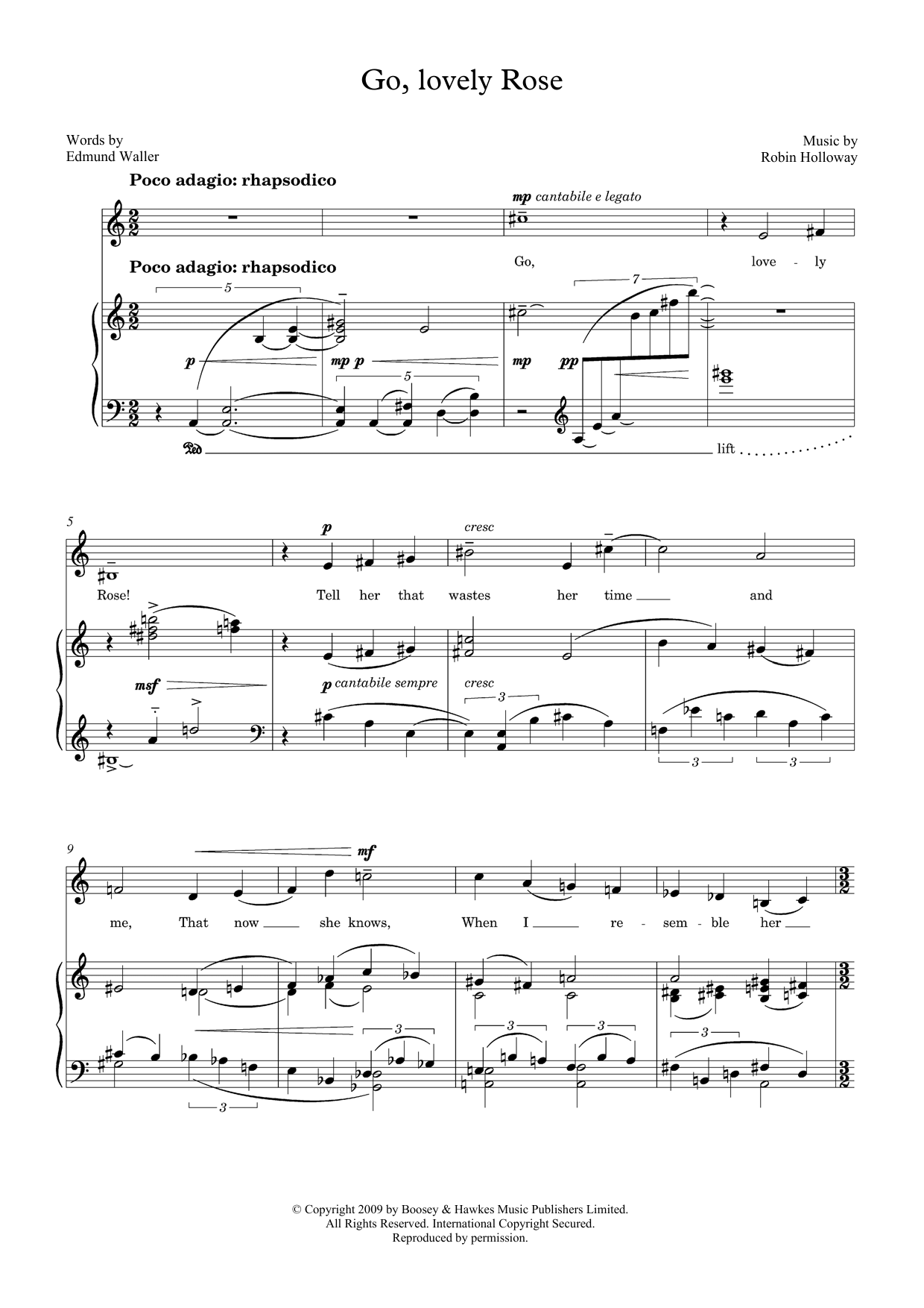 Robin Holloway Go, lovely Rose (for mezzo-soprano & piano) sheet music, chords, lyrics - Printable PDF for Piano & Vocal