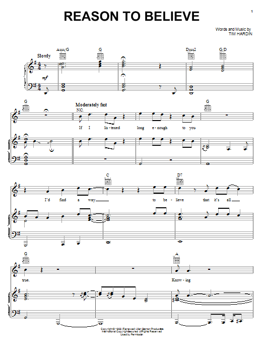 Rod Stewart Reason To Believe sheet music preview music notes and score for Piano, Vocal & Guitar including 7 page(s)