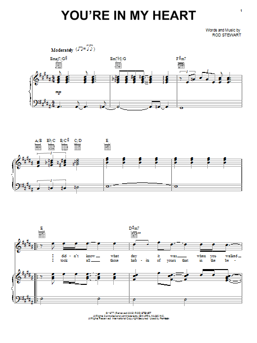 Learn to play Rod Stewart You're In My Heart sheet music for Lyrics & Piano Chords in minutes. Rod Stewart You're In My Heart sheet music preview music notes and score for Lyrics & Piano Chords including 3 page(s)