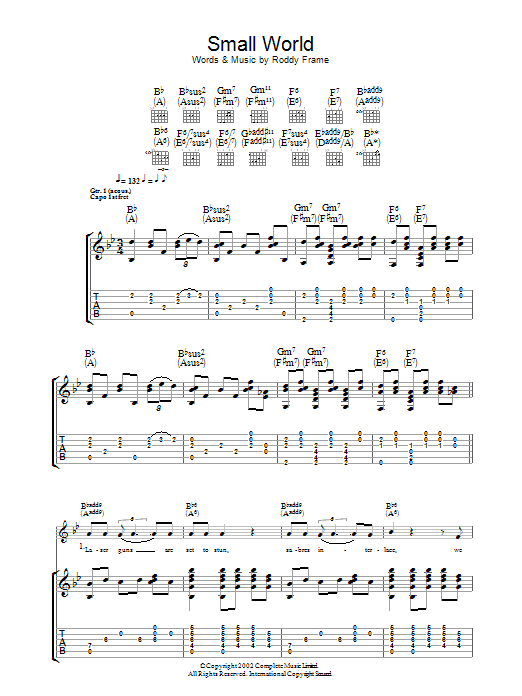Roddy Frame Small World sheet music preview music notes and score for Guitar Tab including 6 page(s)