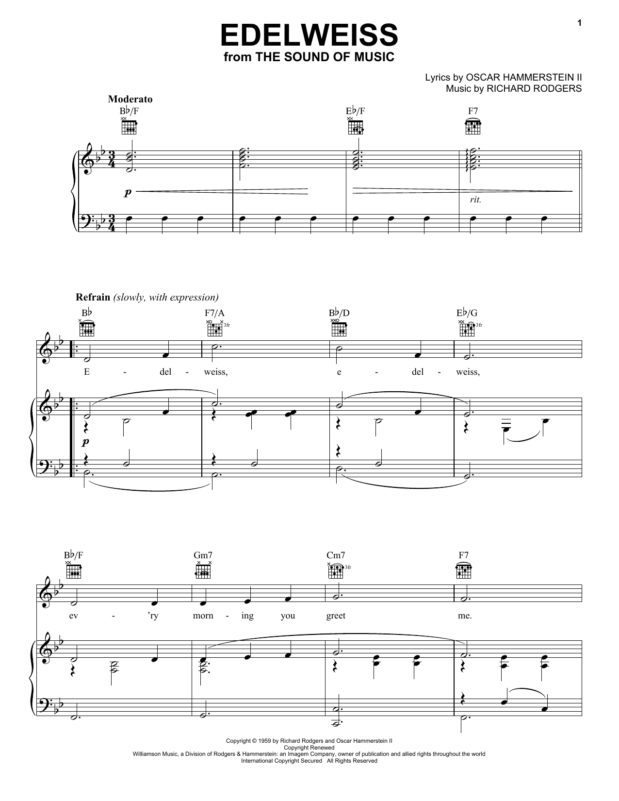 Download Rodgers & Hammerstein Edelweiss sheet music notes and chords for Piano, Vocal & Guitar (Right-Hand Melody) - Download Printable PDF and start playing in minutes.
